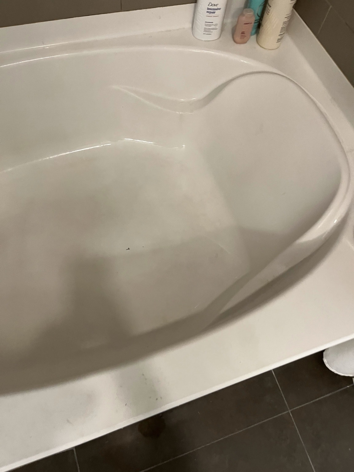 Bathtub before cleaning — cluttered with caddy, bottles, and loofah